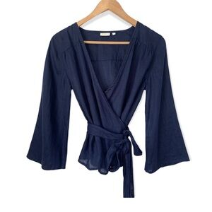 Spartina 449 Linen Wrap Top Blouse Navy Blue Size Medium M Langenlook Casual